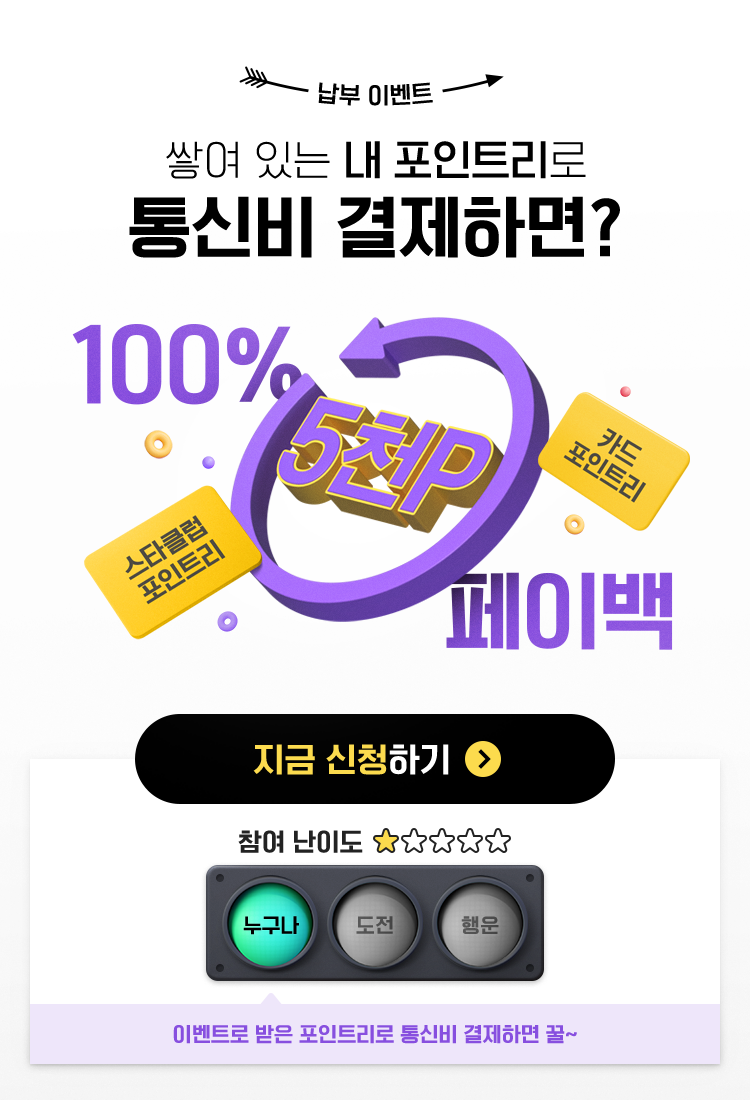 납부 이벤트 쌓여있는 내 포인트리로 통신비 결제하면? 100% 5천P 페이백(스타클럽포인트리와 카드 포인트리), 지금 신청하기, 참여 난이도 별 다섯개 중 1개, 누구나/도전/행운 중 누구나에 초록색, 이벤트로 받은 포인트리로 통신비 결제하면 꿀~