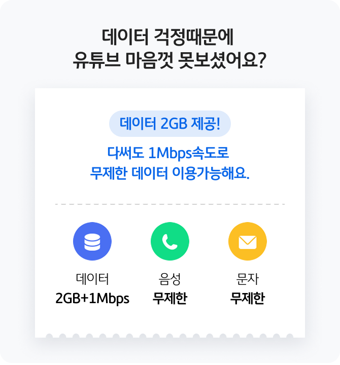 데이터 걱정때문에 유튜브 마음껏 못보셨어요? 데이터 2GB 제공! 다써도 1Mbps속도로 무제한 데이터 이용가능해요. 데이터 2GB+1Mbps, 음성 무제한, 문자 무제한